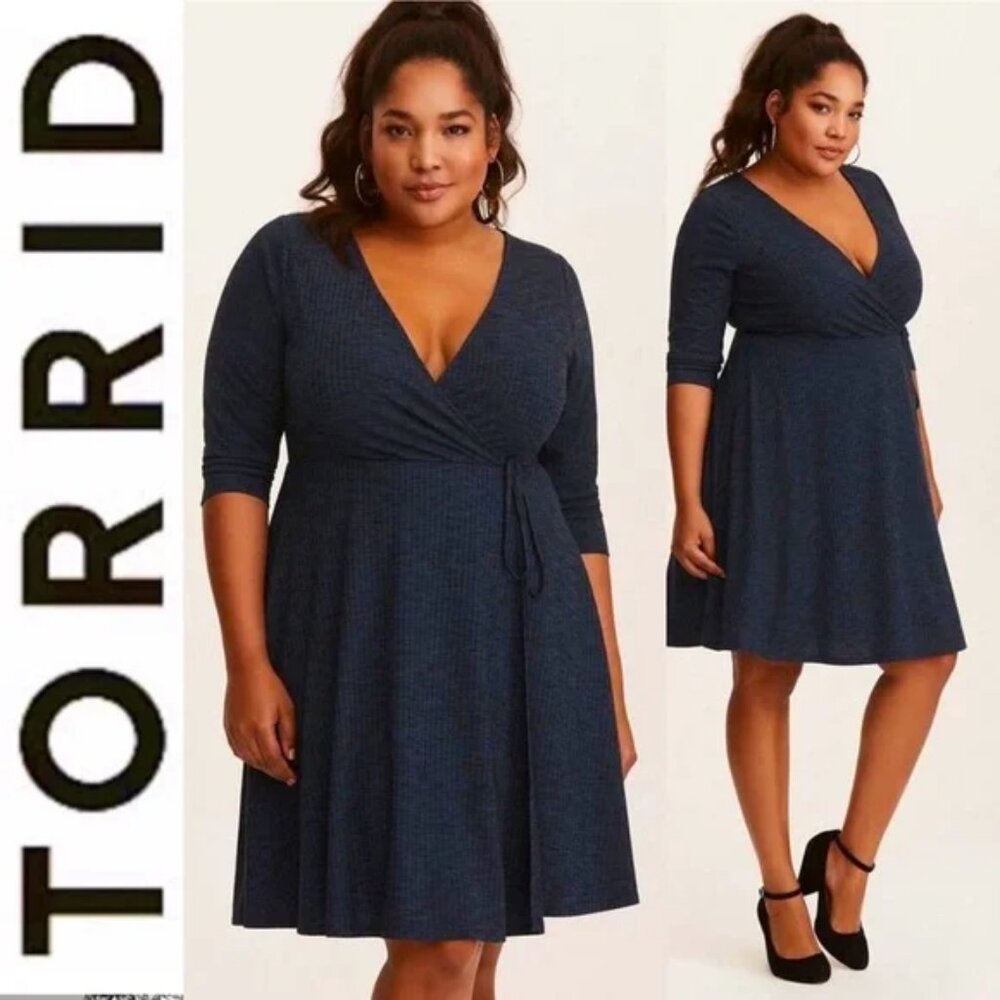 TORRID MINI RIB KNIT WRAP DRESS TEAL BLUE GREEN LONG SLEEVE SKATER DRESS